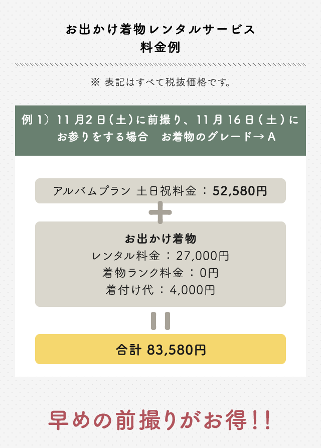 お出かけ着物レンタルサービス 料金例 例1)11月2日(土)撮影 11月16日(土)お参りをする場合 お着物のグレードA アルバムプラン平日料金52,580円+お出かけ着物 レンタル料金27,000円 着付ランク料金0円 着付け代4,000円 合計83,580円 早めの前撮りがお得!