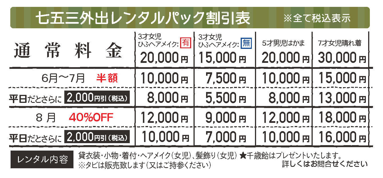 プレシュスタジオ埼玉行田店 七五三外出レンタルパック割引表 税込表示 レンタル内容 貸衣装・小物・着付・女児ヘアメイク・女児髪飾り 千歳飴はプレゼントいたします 足袋は販売いたします(またはご持参ください) 詳しくはお問合せください 6月~7月半額 8月 40%OFF 平日だとさらに2,000円引