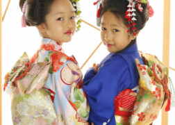 姉妹でアンティーク着物に新日本髪の七五三写真撮影