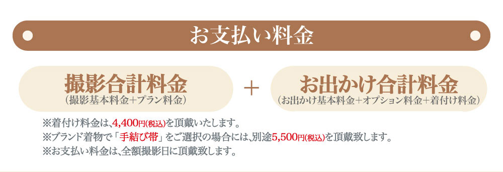 プレシュスタジオ府中店七五三お出かけ着物レンタルお支払い料金 撮影合計料金＋お出かけ合計料金 着付け料金4,400円 ブランド着物手結び帯5,500円