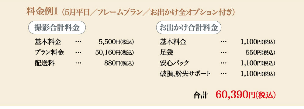 プレシュスタジオ府中店七五三お出かけ着物レンタルの料金例1 5月平日 フレームプラン お出かけ全オプション付き 合計60,390円