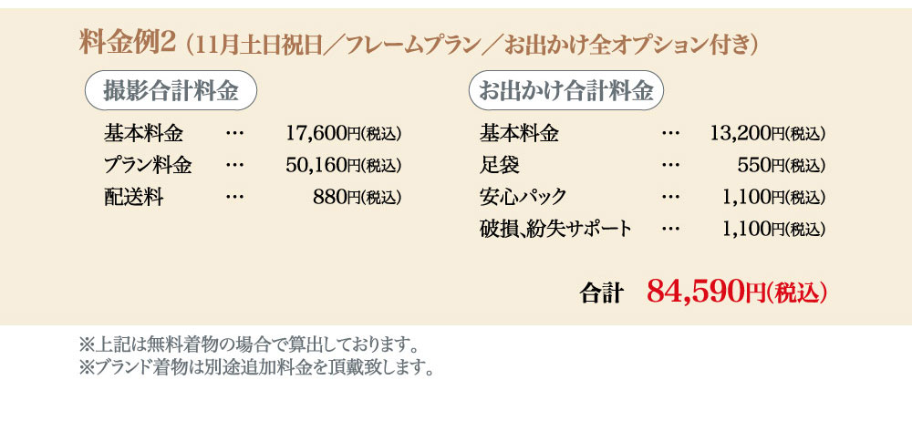 プレシュスタジオ府中店七五三お出かけ着物レンタルの料金例2 11月土日祝日 フレームプラン お出かけ全オプション付き 84,590円