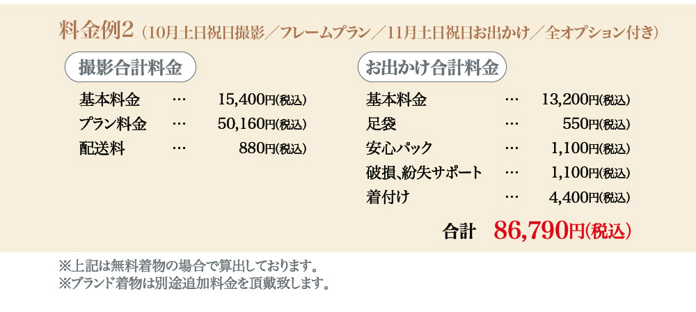 プレシュスタジオ府中店七五三お出かけ着物レンタルの料金例2 10月土日祝日撮影 フレームプラン 11月土日祝日お出かけ 全オプション付き 86,790円