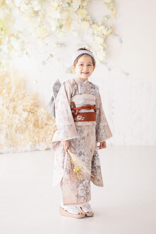 プレシュスタジオの7歳七五三レンタル着物 JILL STUART くすみピンク グレー
