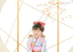 新日本髪で七五三写真撮影 ピンクと水色の着物
