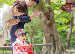 神社に七五三のお参り 赤い被布の3歳の女の子と両親も着物で参拝