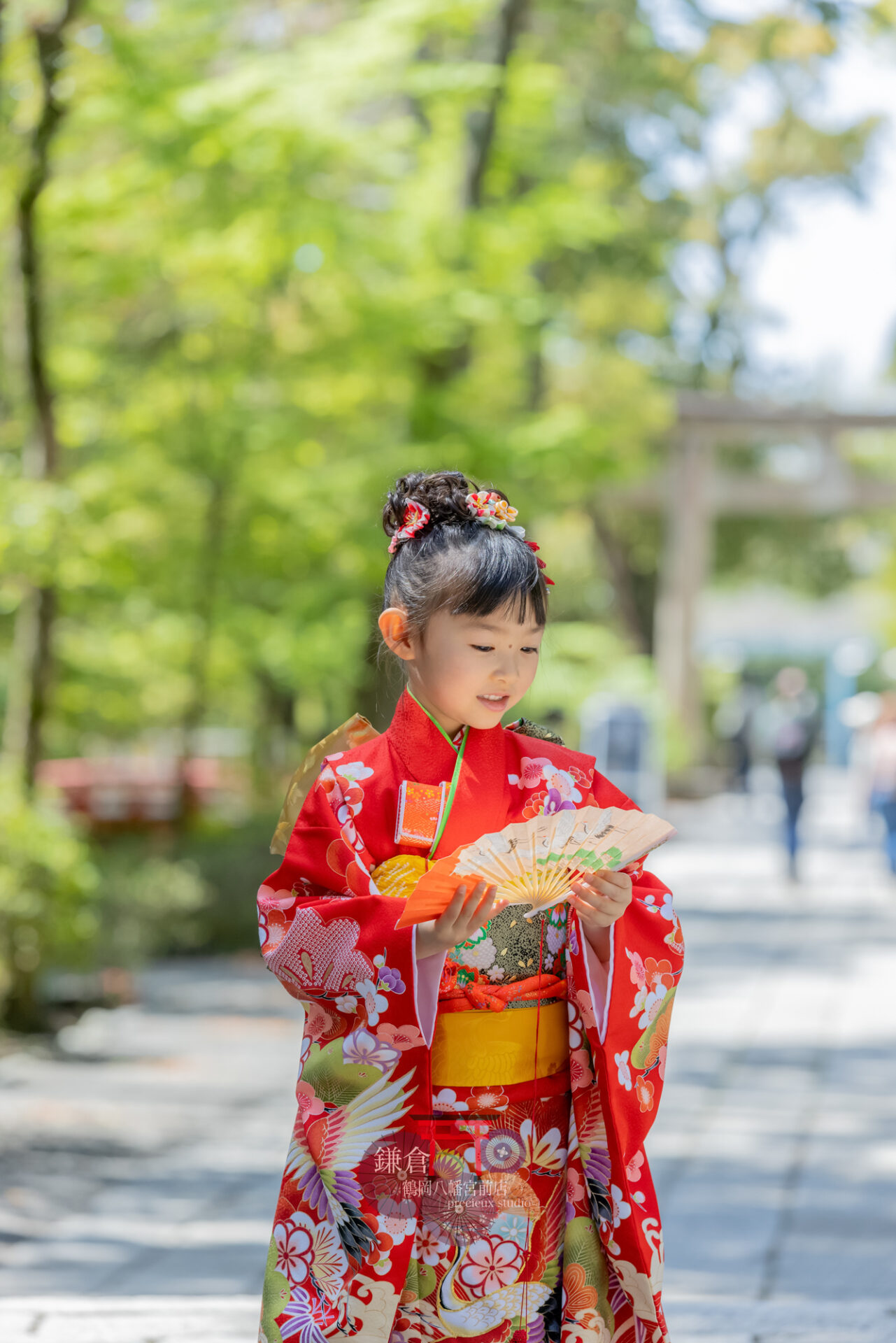 赤い着物で七五三のお参りの女の子 鎌倉鶴岡八幡宮出張撮影