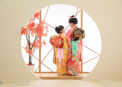 姉妹で七五三記念写真撮影 新日本髪とピンクの着物で