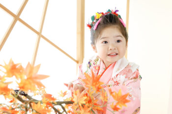 3歳の七五三記念写真撮影 ピンクの着物で紅葉のオブジェと一緒に撮影