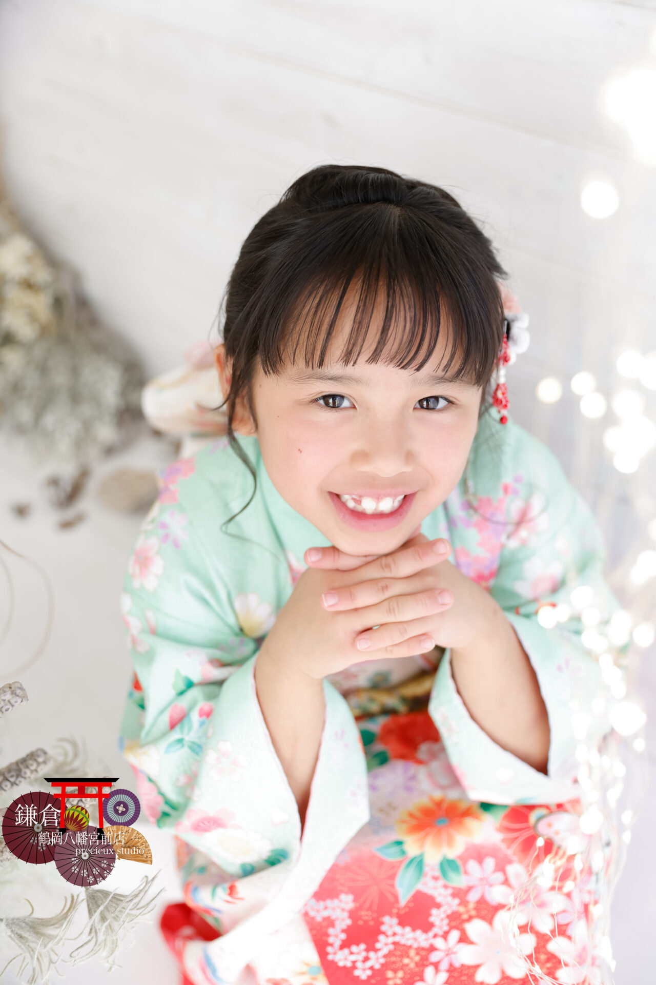 ミントグリーンの着物で7歳の七五三の写真撮影