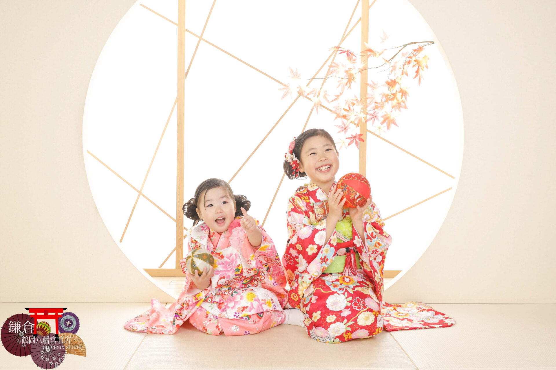 ピンク&赤の着物で七五三記念写真撮影＊とっても魅力的なご姉妹さん