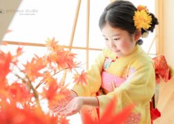 7歳の女の子の七五三記念写真撮影 紅葉のある和室セットで